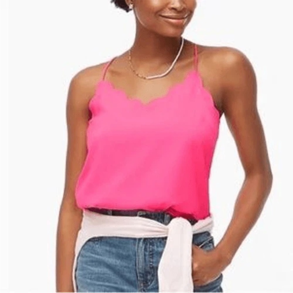 J. Crew Vibrant Pink Scalloped Cami, Adjustable Straps, Poly Crepe Fabric, Sz 4